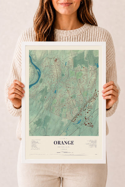 Orange, Connecticut map print, 12" x 18", W/ White Ayous Wood Frame