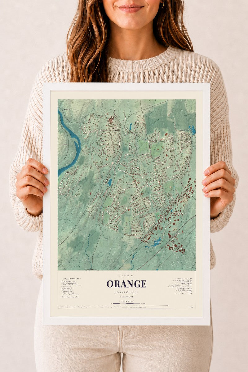 Orange, Connecticut map print, 12" x 18", W/ White Ayous Wood Frame
