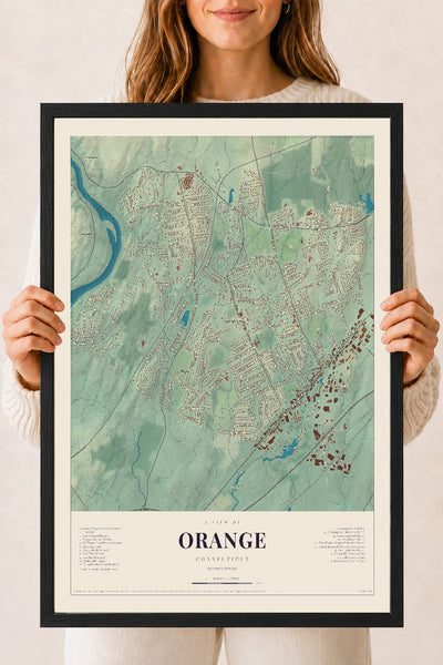 Orange, Connecticut map print, 18" x 24", W/ Black Ayous Wood Frame