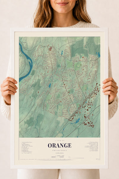 Orange, Connecticut map print, 18" x 24", W/ White Ayous Wood Frame