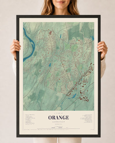 Orange, Connecticut map print, 24" x 36", W/ Black Ayous Wood Frame