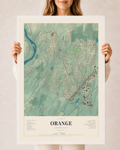 Orange, Connecticut map print, 24" x 36", W/ White Ayous Wood Frame