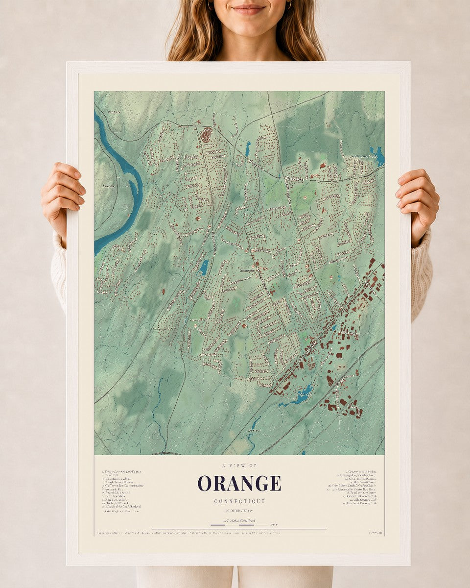 Orange, Connecticut map print, 24" x 36", W/ White Ayous Wood Frame