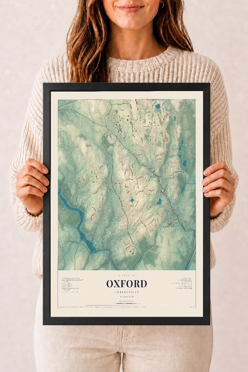 Oxford, Connecticut map print, 12" x 18", W/ Black Ayous Wood Frame