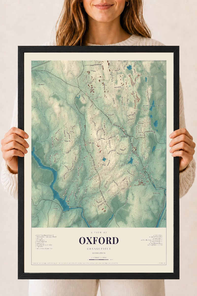 Oxford, Connecticut map print, 18" x 24", W/ Black Ayous Wood Frame