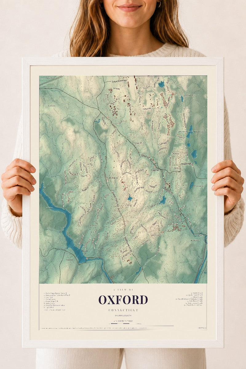 Oxford, Connecticut map print, 18" x 24", W/ White Ayous Wood Frame