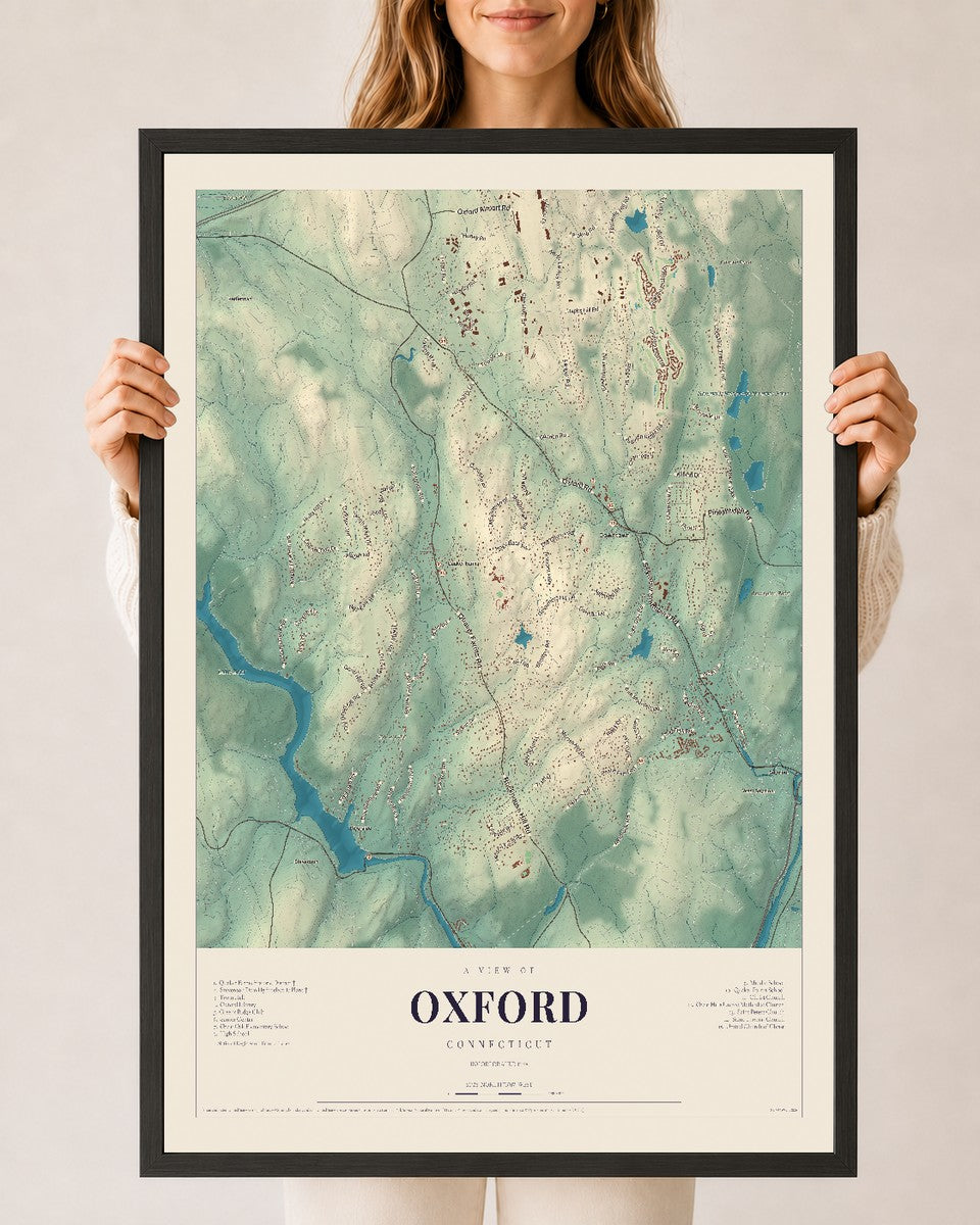 Oxford, Connecticut map print, 24" x 36", W/ Black Ayous Wood Frame
