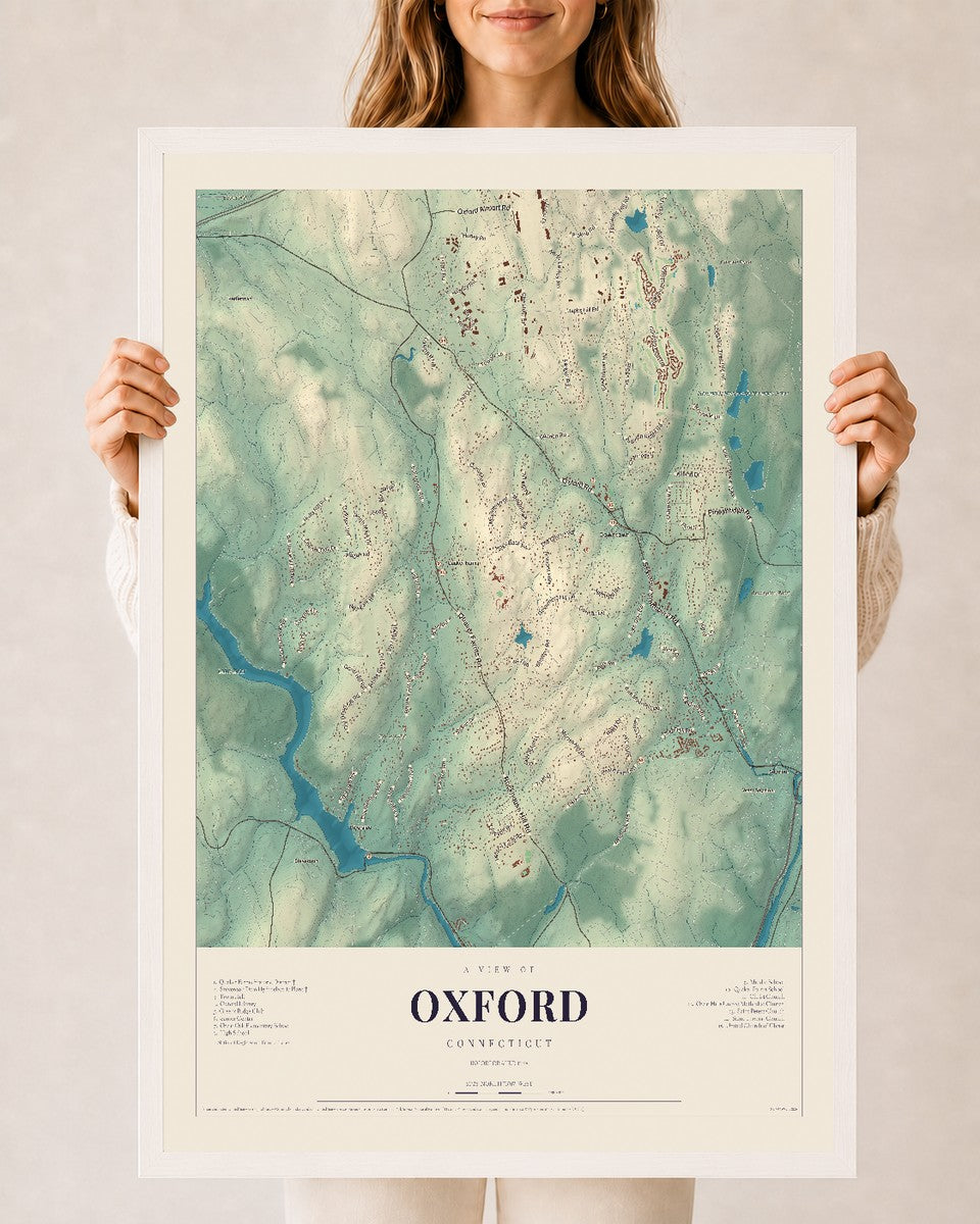 Oxford, Connecticut map print, 24" x 36", W/ White Ayous Wood Frame