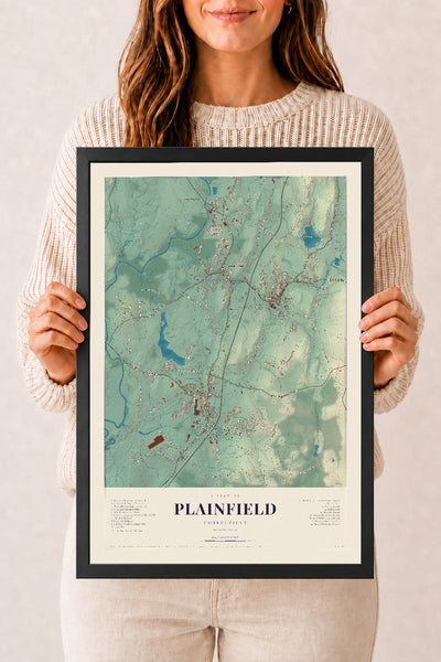 Plainfield, Connecticut map print, 12" x 18", W/ Black Ayous Wood Frame