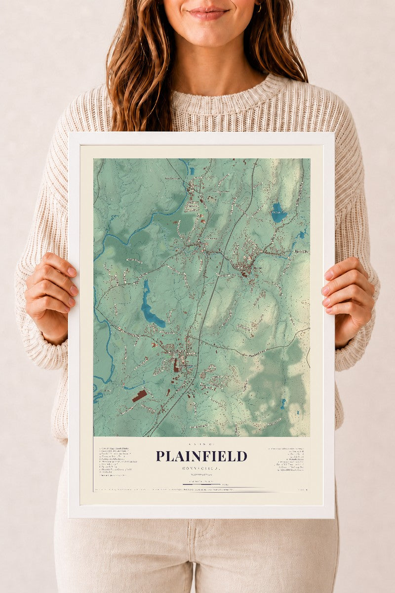 Plainfield, Connecticut map print, 12" x 18", W/ White Ayous Wood Frame