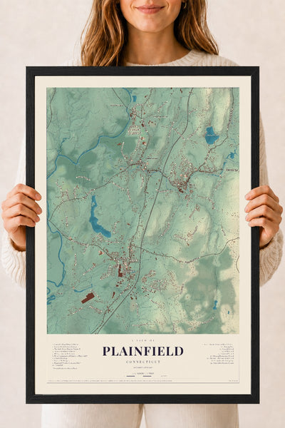 Plainfield, Connecticut map print, 18" x 24", W/ Black Ayous Wood Frame
