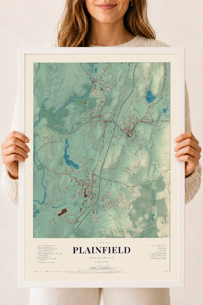 Plainfield, Connecticut map print, 18" x 24", W/ White Ayous Wood Frame