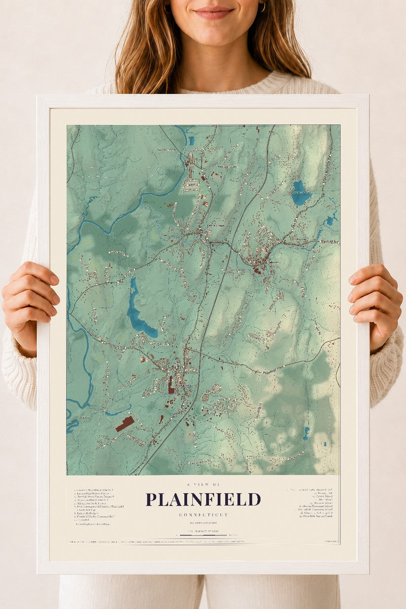 Plainfield, Connecticut map print, 18" x 24", W/ White Ayous Wood Frame