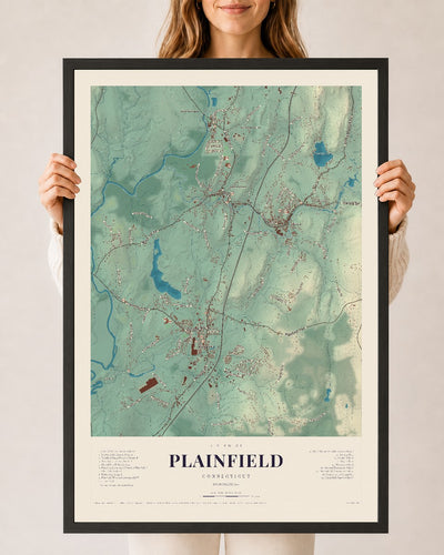 Plainfield, Connecticut map print, 24" x 36", W/ Black Ayous Wood Frame