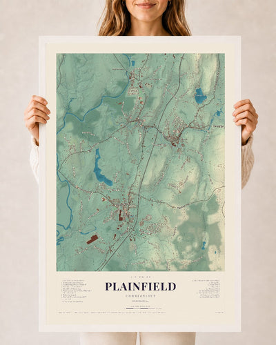 Plainfield, Connecticut map print, 24" x 36", W/ White Ayous Wood Frame