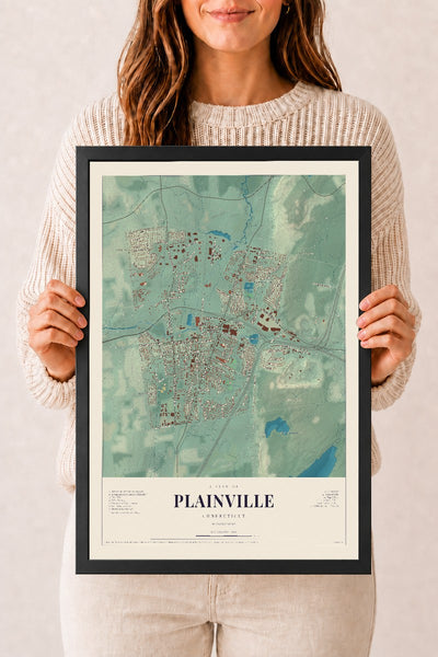 Plainville, Connecticut map print, 12" x 18", W/ Black Ayous Wood Frame