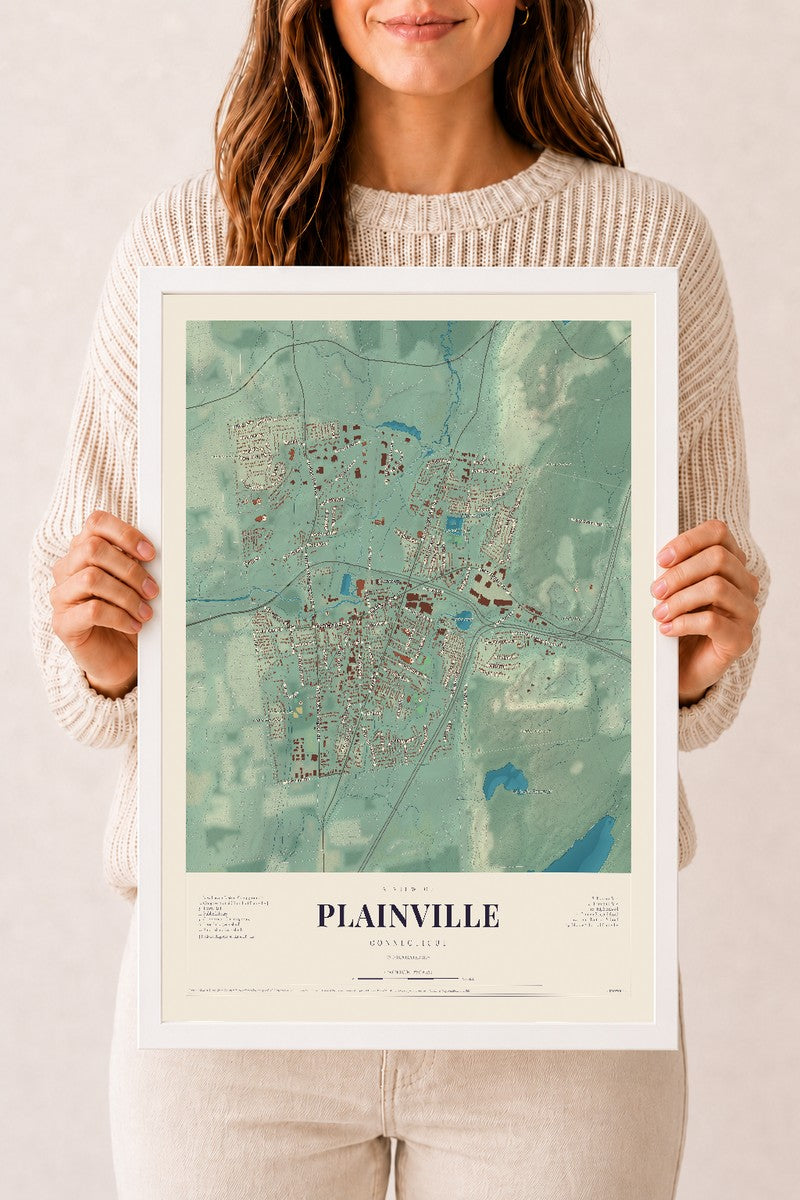 Plainville, Connecticut map print, 12" x 18", W/ White Ayous Wood Frame