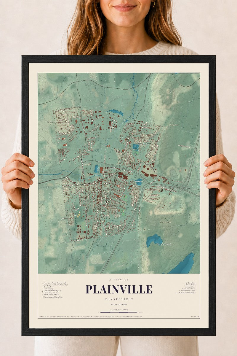 Plainville, Connecticut map print, 18" x 24", W/ Black Ayous Wood Frame