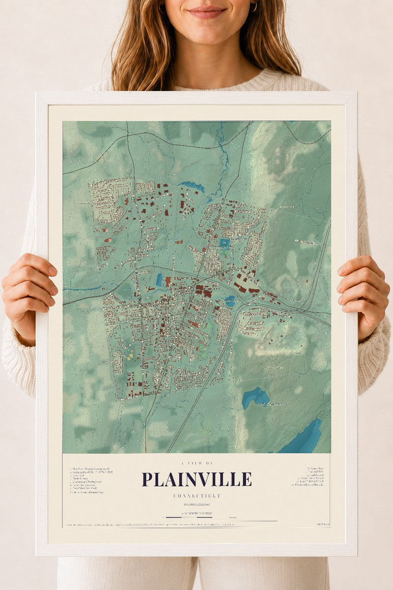 Plainville, Connecticut map print, 18" x 24", W/ White Ayous Wood Frame