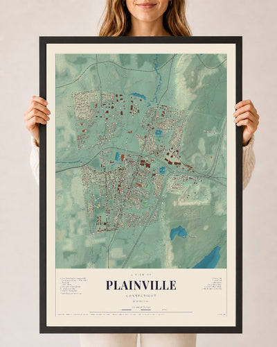 Plainville, Connecticut map print, 24" x 36", W/ Black Ayous Wood Frame