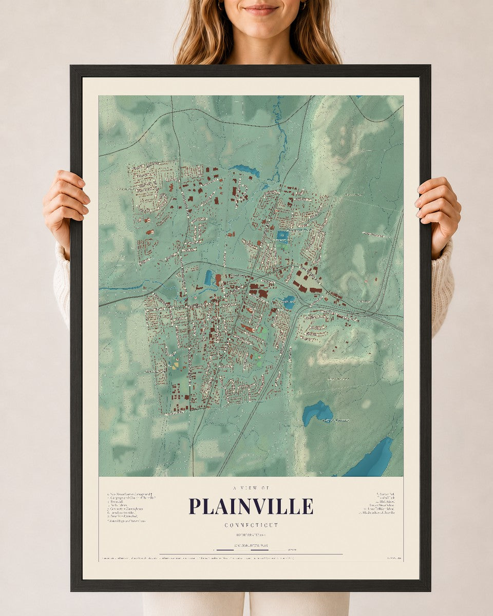 Plainville, Connecticut map print, 24" x 36", W/ Black Ayous Wood Frame