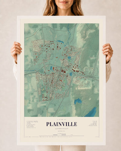 Plainville, Connecticut map print, 24" x 36", W/ White Ayous Wood Frame