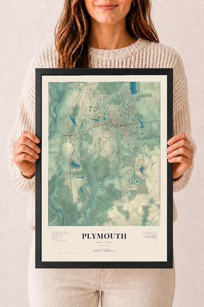 Plymouth, Connecticut map print, 12" x 18", W/ Black Ayous Wood Frame