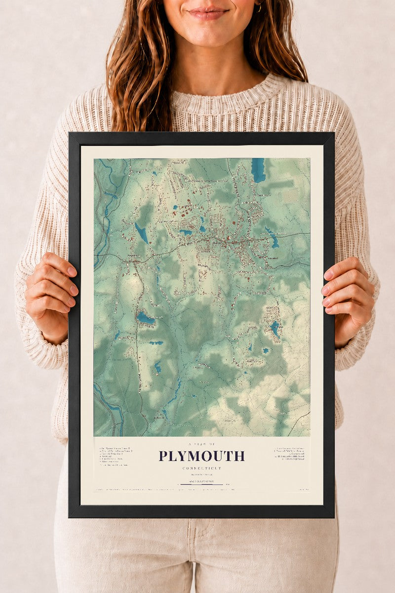 Plymouth, Connecticut map print, 12" x 18", W/ Black Ayous Wood Frame
