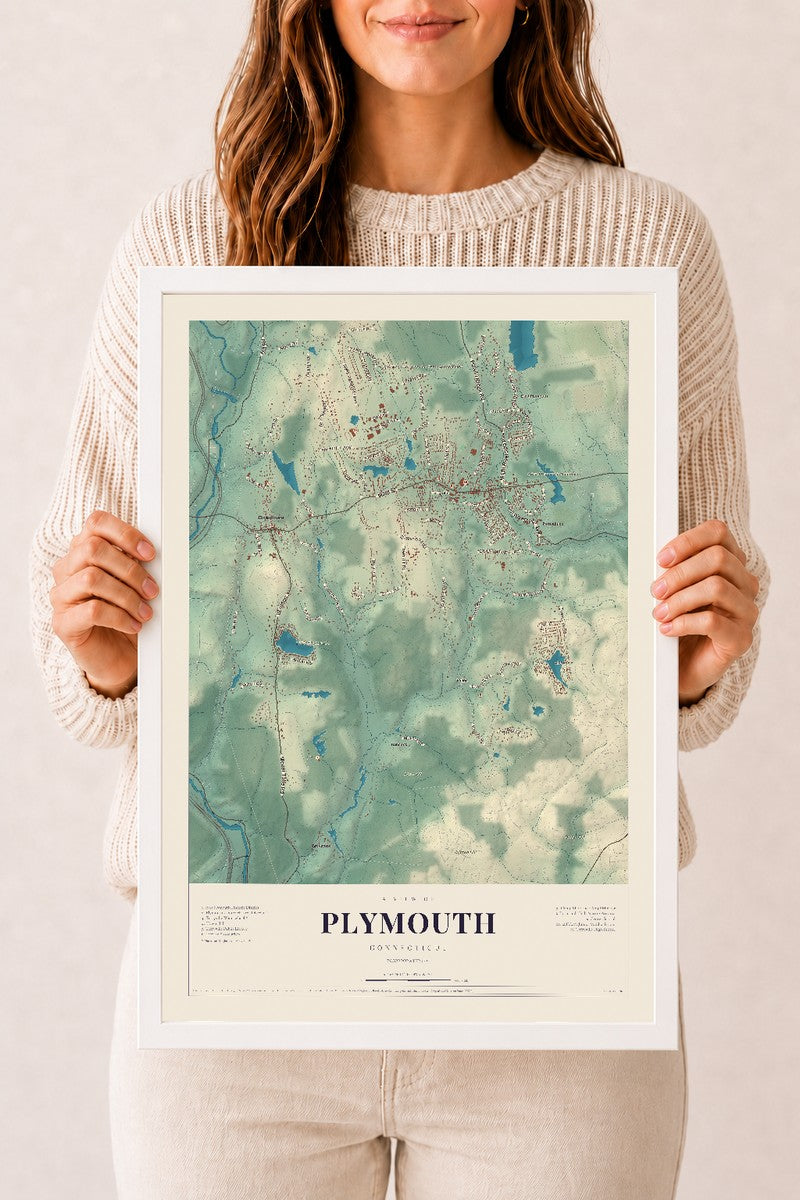 Plymouth, Connecticut map print, 12" x 18", W/ White Ayous Wood Frame