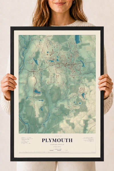 Plymouth, Connecticut map print, 18" x 24", W/ Black Ayous Wood Frame