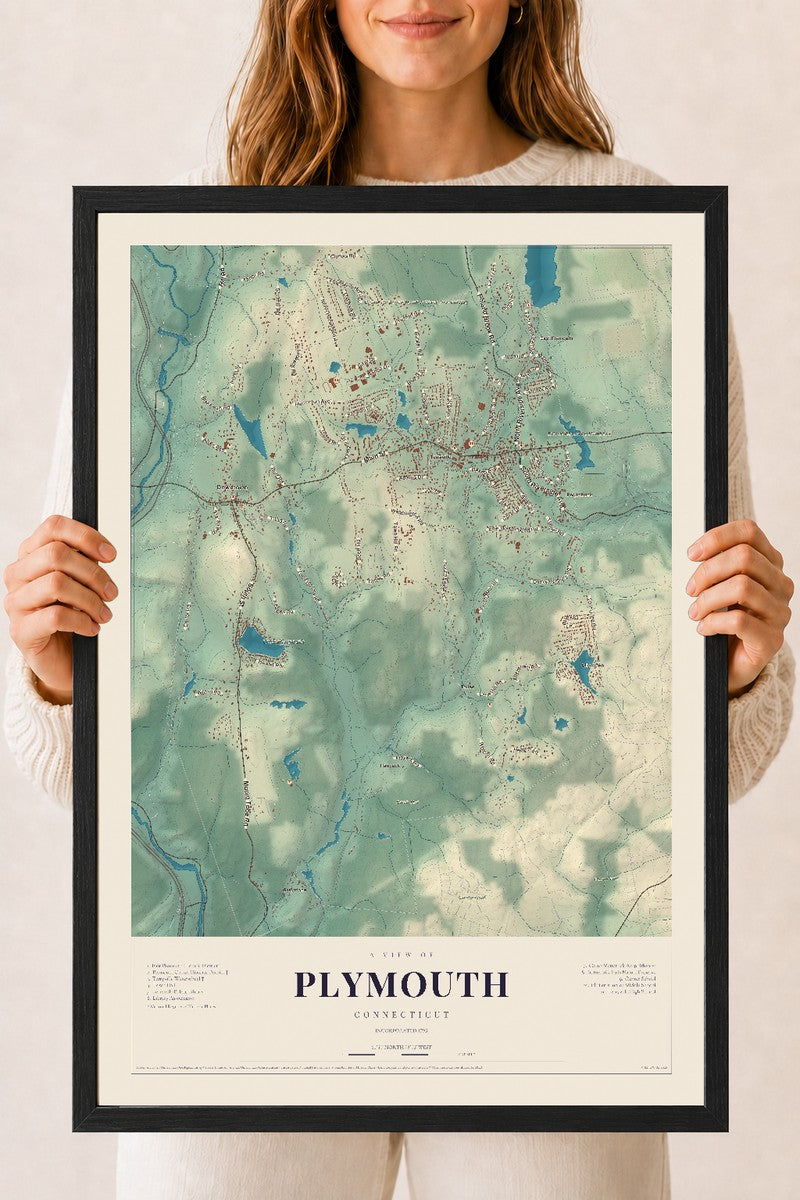 Plymouth, Connecticut map print, 18" x 24", W/ Black Ayous Wood Frame
