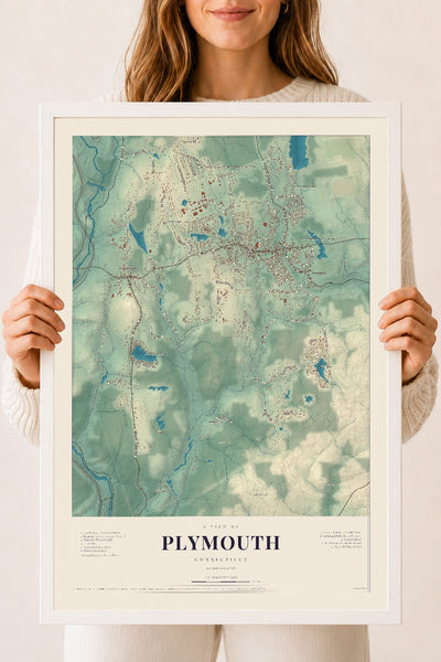 Plymouth, Connecticut map print, 18" x 24", W/ White Ayous Wood Frame