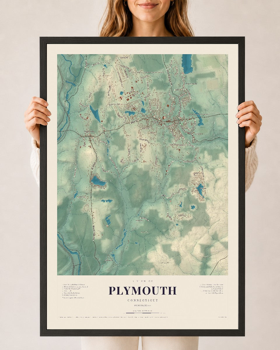 Plymouth, Connecticut map print, 24" x 36", W/ Black Ayous Wood Frame
