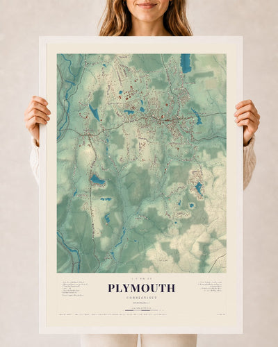 Plymouth, Connecticut map print, 24" x 36", W/ White Ayous Wood Frame