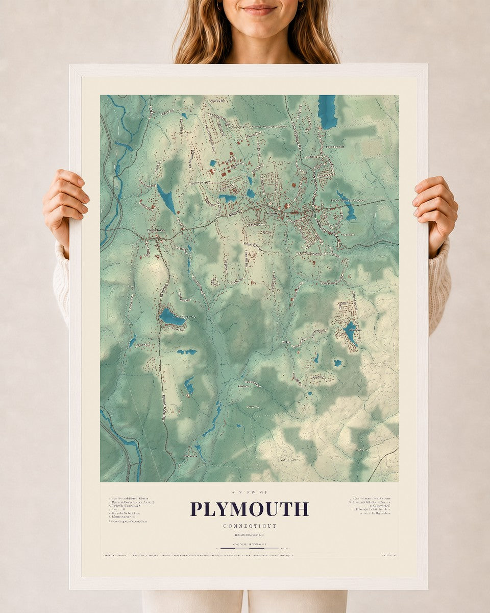 Plymouth, Connecticut map print, 24" x 36", W/ White Ayous Wood Frame