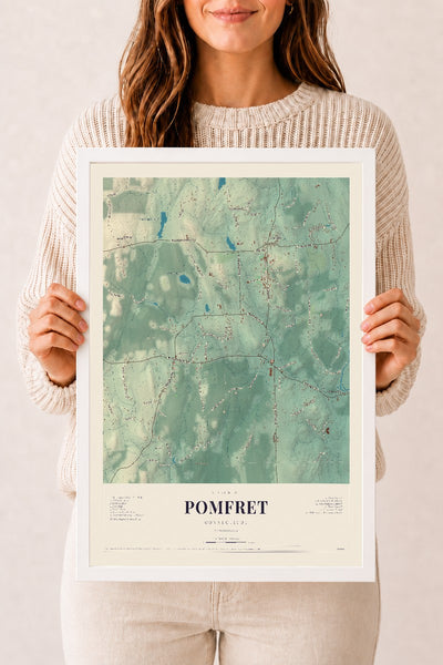 Pomfret, Connecticut map print, 12" x 18", W/ White Ayous Wood Frame