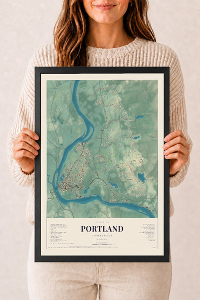 Portland, Connecticut map print, 12" x 18", W/ Black Ayous Wood Frame