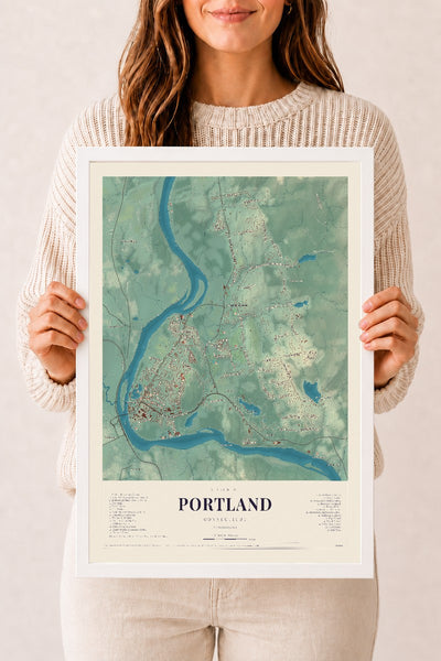Portland, Connecticut map print, 12" x 18", W/ White Ayous Wood Frame