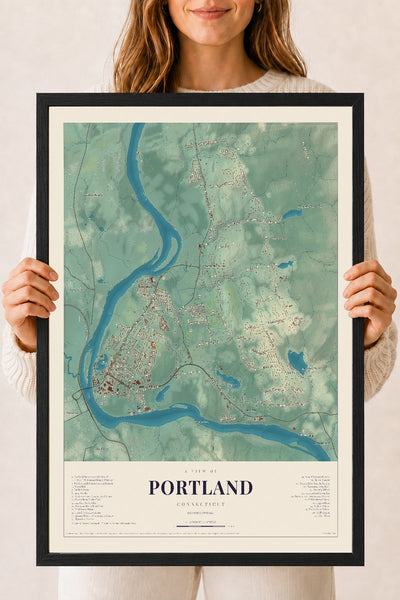 Portland, Connecticut map print, 18" x 24", W/ Black Ayous Wood Frame