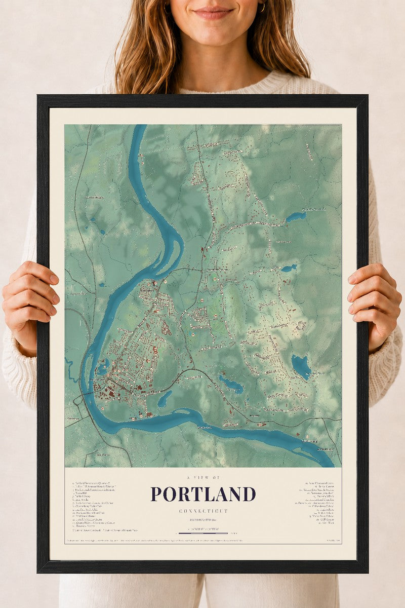 Portland, Connecticut map print, 18" x 24", W/ Black Ayous Wood Frame