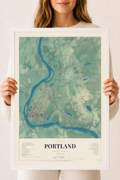 Portland, Connecticut map print, 18" x 24", W/ White Ayous Wood Frame
