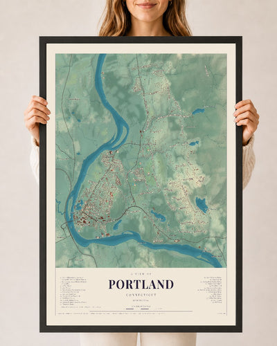 Portland, Connecticut map print, 24" x 36", W/ Black Ayous Wood Frame