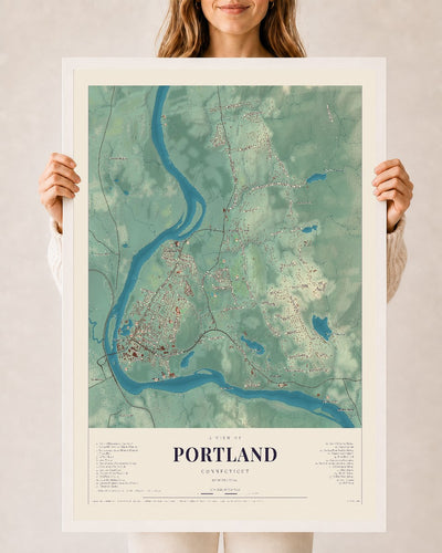 Portland, Connecticut map print, 24" x 36", W/ White Ayous Wood Frame