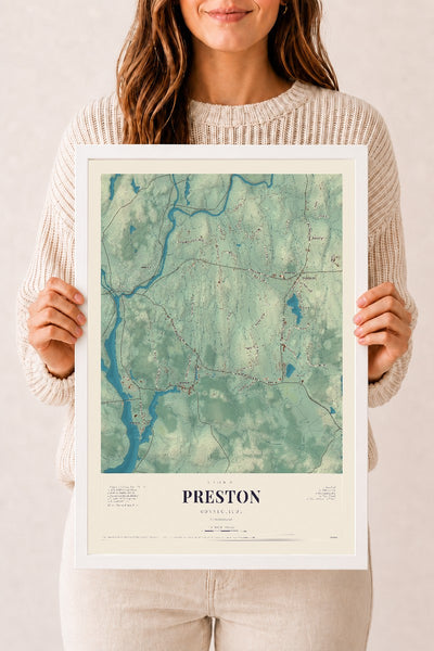 Preston, Connecticut map print, 12" x 18", W/ White Ayous Wood Frame