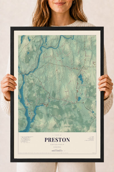 Preston, Connecticut map print, 18" x 24", W/ Black Ayous Wood Frame