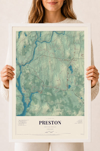 Preston, Connecticut map print, 18" x 24", W/ White Ayous Wood Frame