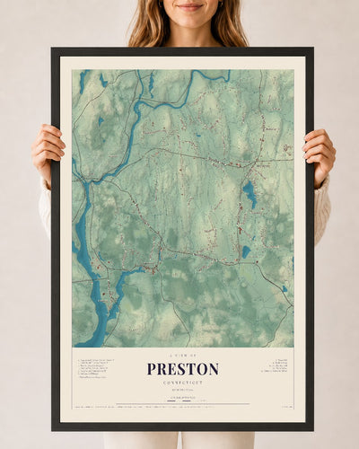Preston, Connecticut map print, 24" x 36", W/ Black Ayous Wood Frame