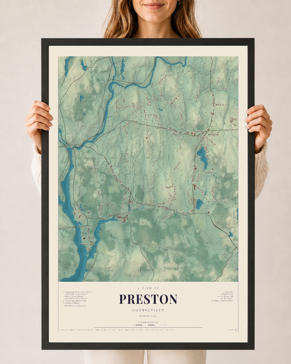 Preston, Connecticut map print, 24" x 36", W/ Black Ayous Wood Frame