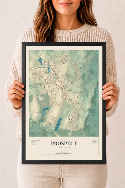 Prospect, Connecticut map print, 12" x 18", W/ Black Ayous Wood Frame