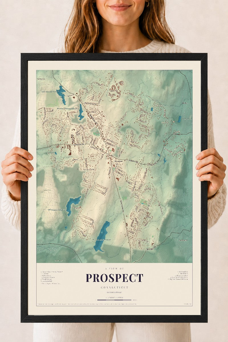 Prospect, Connecticut map print, 18" x 24", W/ Black Ayous Wood Frame